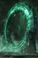 Poster - Towering Alien Stargate with Radiant Green Illumination and Complex Sigils