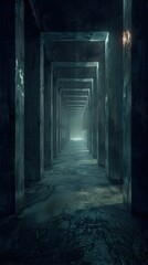 Poster - Unsettling Walkways:Narrow,Labyrinthine Corridors with Sputtering Lighting in Brutalist Architectural Decay