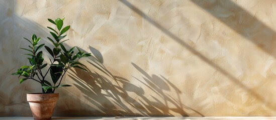 Poster - Beautiful shadows from flowers on the wall. Zamioculcas Zamiifolia in a flower pot in the interior. Home plant care concept. Copy space image. Place for adding text and design