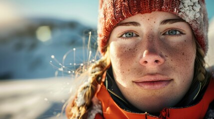 Wall Mural - The close up picture of the person looking at the camera with the white snow background in the middle of the snowy ice field, the skill require for ice field are fitness, ice safety knowledge. AIG43.