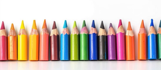 Wall Mural - Crayons ready for creative use. Crayons isolated on white with wide image dimension format. Copy space image. Place for adding text and design