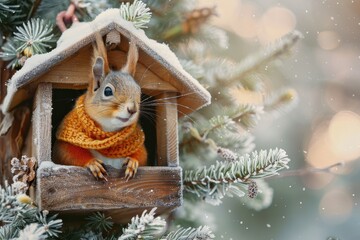 A squirrel is sitting in a birdhouse in the snow