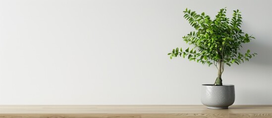 Poster - plant on a minimal sideboard in grey flower pot. copy space image. place for adding text and design