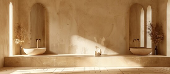 Wall Mural - Bathroom in brown tones with two sinks. Copy space image. Place for adding text and design