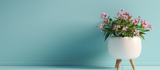 Wall Mural - Decorative flower pot with wooden legs. Copy space image. Place for adding text and design