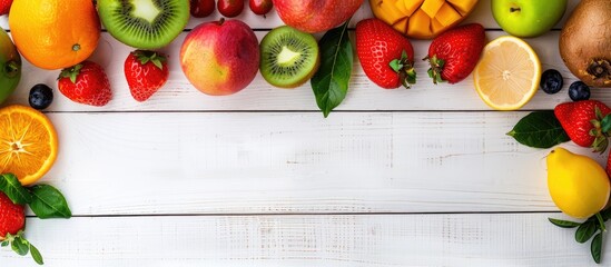 Poster - Healthy food background. Studio photo of different fruits on white wooden table. High resolution product. Copy space image. Place for adding text or design