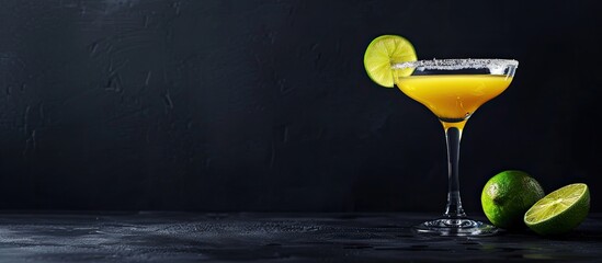 Poster - Margarita cocktail garnished with lime on a black background. Copy space image. Place for adding text or design