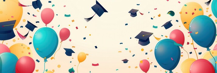 Poster - A digital illustration of a graduation party with colorful balloons and confetti floating against a light background. Generative AI