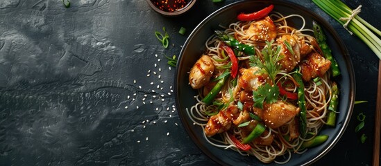 Poster - Tasty dish of Asian cuisine with rice noodles, chicken, asparagus, pepper, sesame seeds and soy sauce on dark concrete background. Copy space image. Place for adding text or design