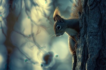 Wall Mural - A squirrel is climbing up a tree trunk