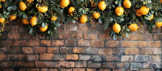 Poster - New Year's decor. Decoration in the apartment on the wall. Wreaths made of needles. The bedroom is in the style of Provence. Yellow lemons on the curbstone. Brown brick. Copy space image