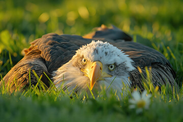 Wall Mural - Majestic bald eagle relaxing in lush green grass