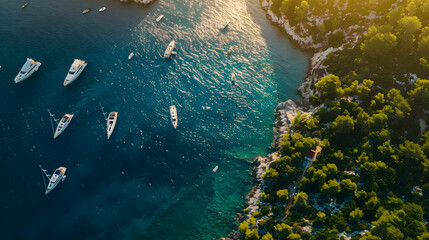 Poster - Aerial view of beautiful yachts and boats on the sea at sunset in summer Adriatic sea Kamenjak Croatia Top view of luxury yachts sailboats lagoon clear blue water and green forest Trav : Generative AI