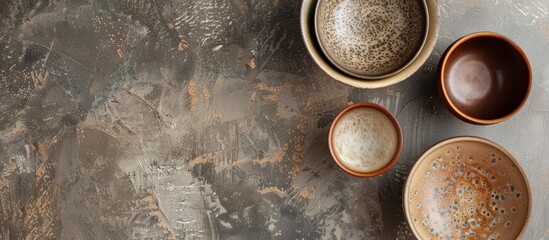 Poster - Handmade ceramics in the style of wabi sabi. Brown clay bowls with an abstract pattern. Copy space image. Place for adding text and design