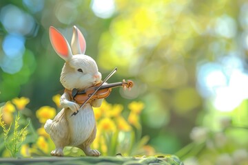 A rabbit is holding a violin and sitting on a rock