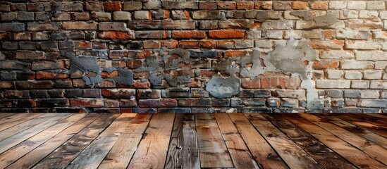 Poster - empty room with wooden floor, wall brick vintage background . Copy space image. Place for adding text and design