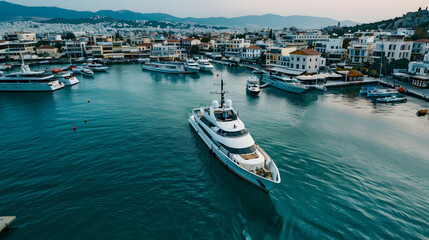 Wall Mural - Aerial drone photo of beautiful yacht manoeuvring inside round port of Zea or Passalimani a safe anchorage in seaside area of Piraeus Attica Greece : Generative AI