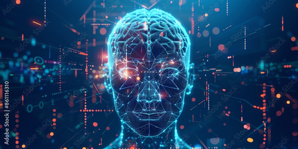 A detailed illustration of the human head with an illuminated brain ...