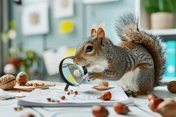 Wall Mural - A squirrel is looking through a magnifying glass