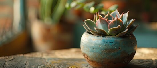 Poster - a succulent in a vas on a table. copy space image. place for adding text and design