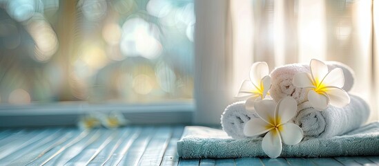 Wall Mural - frangipani and towel- interior beautiful bathroom. Copy space image. Place for adding text and design
