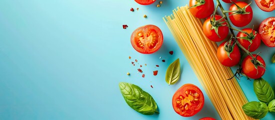 Wall Mural - Pasta, spaghetti, tomatoes, basil are on a pastel background. Copy space image. Place for adding text and design