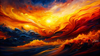 Wall Mural - Dramatic orange and red hues paint the sky and clouds at dusk, reflecting fiery light on the water