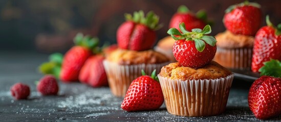 Close-up of strawberry banana muffins or cupcakes. Fruit homemade sweet bakery, pastry. Selective focus. Copy space image. Place for adding text and design