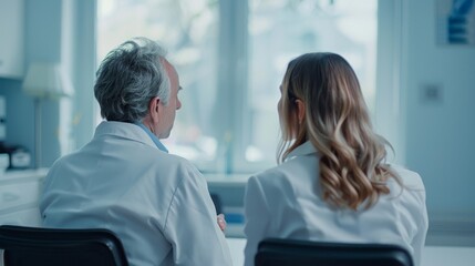 Rear view of a patient and doctor dressed in white talking in an office