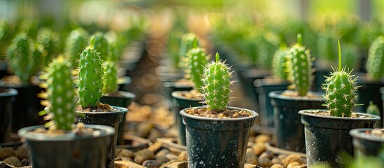 Canvas Print - Green cactus seedlings in pots on a natural background. Copy space image. Place for adding text and design