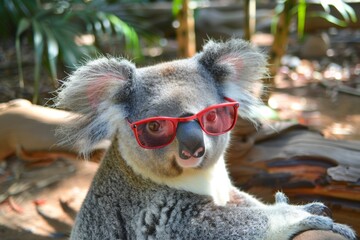 Wall Mural - Stylish koala wearing red sunglasses in natural habitat