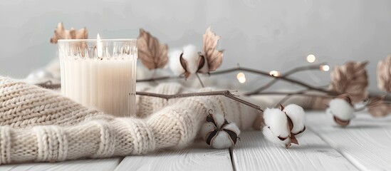 Canvas Print - Holder with burning candle, cotton branch and sweater on table. Copy space image. Place for adding text and design