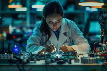 Poster - Laboratory test of a computer motherboard by a female electronic engineer