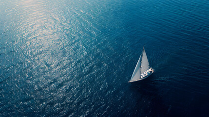 Poster - Aerial drone ultra wide panoramic photo with copy space of beautiful sail boat with white sails cruising deep blue sea near Mediterranean destination port : Generative AI