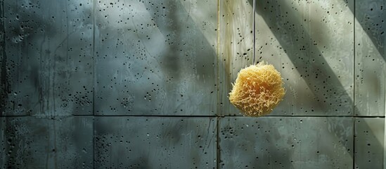 Poster - a bristly sponge hangs in a concrete shower. copy space image. place for adding text and design