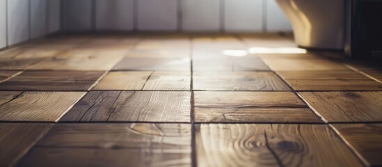 Wall Mural - Square wooden floor tile in the restroom, selective focus. Copy space image. Place for adding text and design