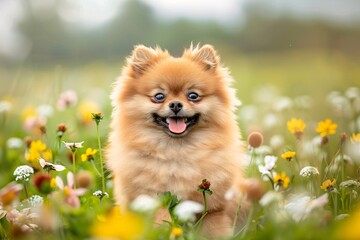 A small dog is sitting in a field of yellow flowers