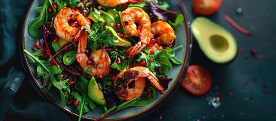 Poster - Fresh salad with avocado and shrimps with side dishes. Copy space image. Place for adding text or design