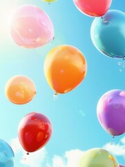 Poster - A vibrant image featuring colorful balloons floating against a blue sky. The balloons have celebratory messages and school symbols, suggesting a graduation party atmosphere. Generative AI