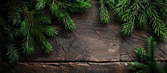 Poster - green pine branches on a wooden rustic table. copy space image. place for adding text and design