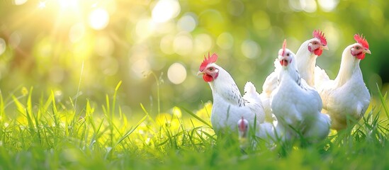 Poultry broiler farm business with group of white chickens in parent stock modern housing farm. Copy space image. Place for adding text or design