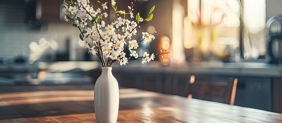 Sticker - Vase with beautiful blossoming branches on dining table in kitchen. Copy space image. Place for adding text and design