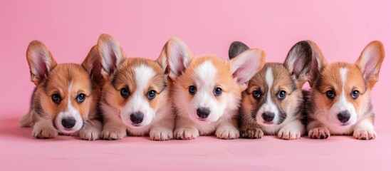 Wall Mural - Welsh corgi puppies on pastel background look art tone. Copy space image. Place for adding text and design