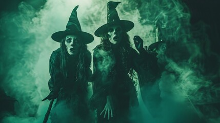 Wall Mural - Group of Scary Witches in Green Fog