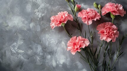 Sticker - Pink Carnations on Textured Gray Concrete Background  Beautiful Floral Arrangement