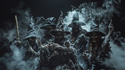 Group of Halloween Witches in Smoky Atmosphere