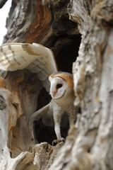 Wall Mural - Barn owl spreading wings inside tree trunk