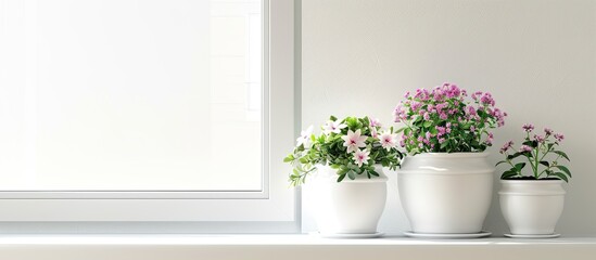 Poster - home flowers in white pots stand on the windowsill. Copy space image. Place for adding text and design