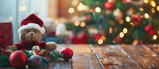 Poster - toys on the table. christmas decoration on the table. details of christmas fest. copy space image. p