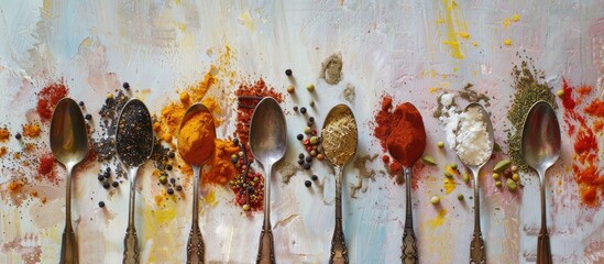 Poster - Various spices on vintage silver spoons pastel background. Copy space image. Place for adding text and design